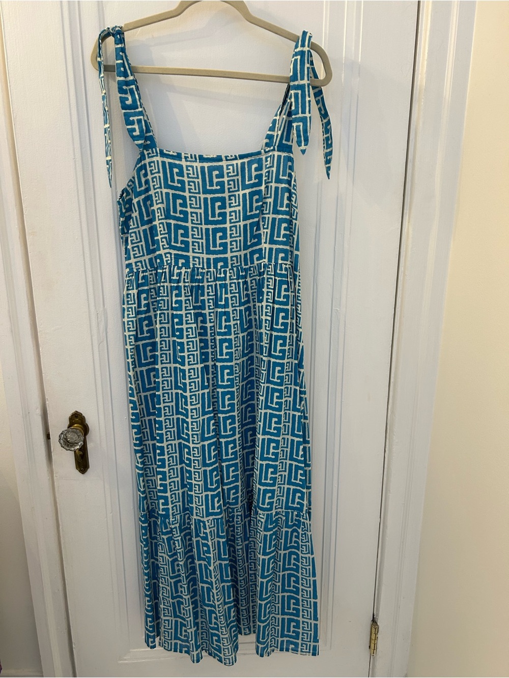Blue Geometric Maxi Dress with Tie Straps